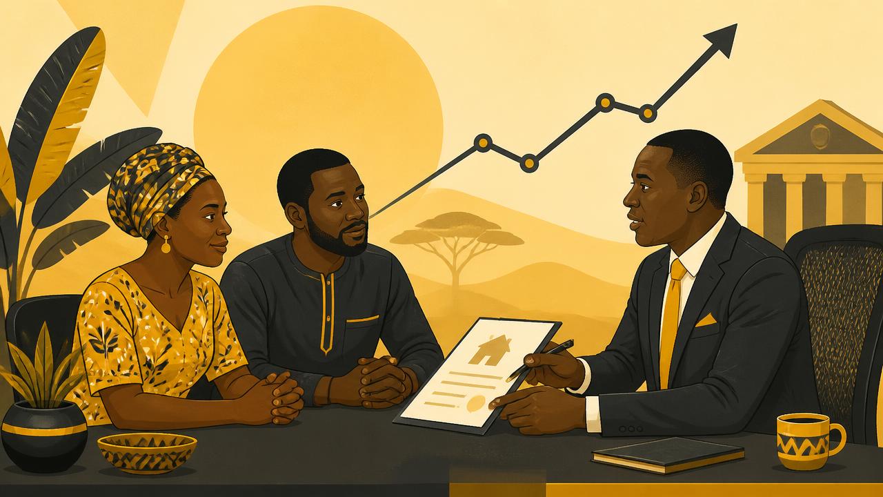 Illustration of a Ugandan couple reviewing a home loan document with a bank officer