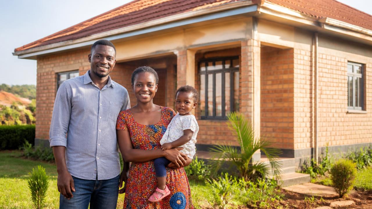 A young family standing outside a newly built brick house with a tiled roof in a Kampala suburb