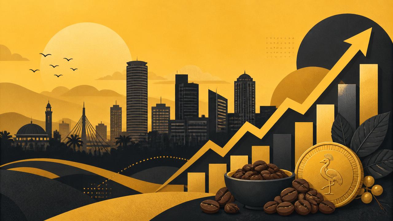 Illustration of the Kampala skyline with a rising growth chart, coffee beans and a Uganda shilling coin