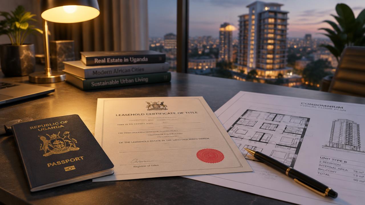 A passport, a leasehold certificate of title and condominium floor plans on a dark desk, with a Kampala apartment tower lit at dusk through the window