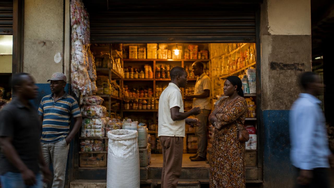 A small lock-up shop in a busy Kampala arcade with its shutter half open and goods stacked inside