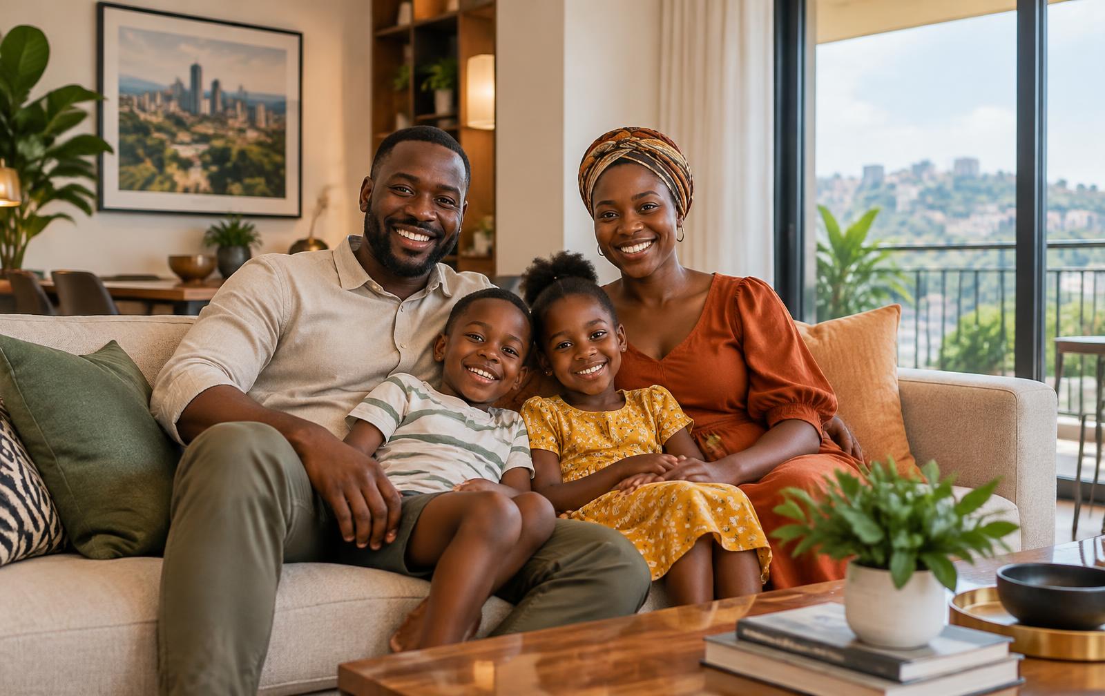 A family relaxing in the living room of their new home in Kampala