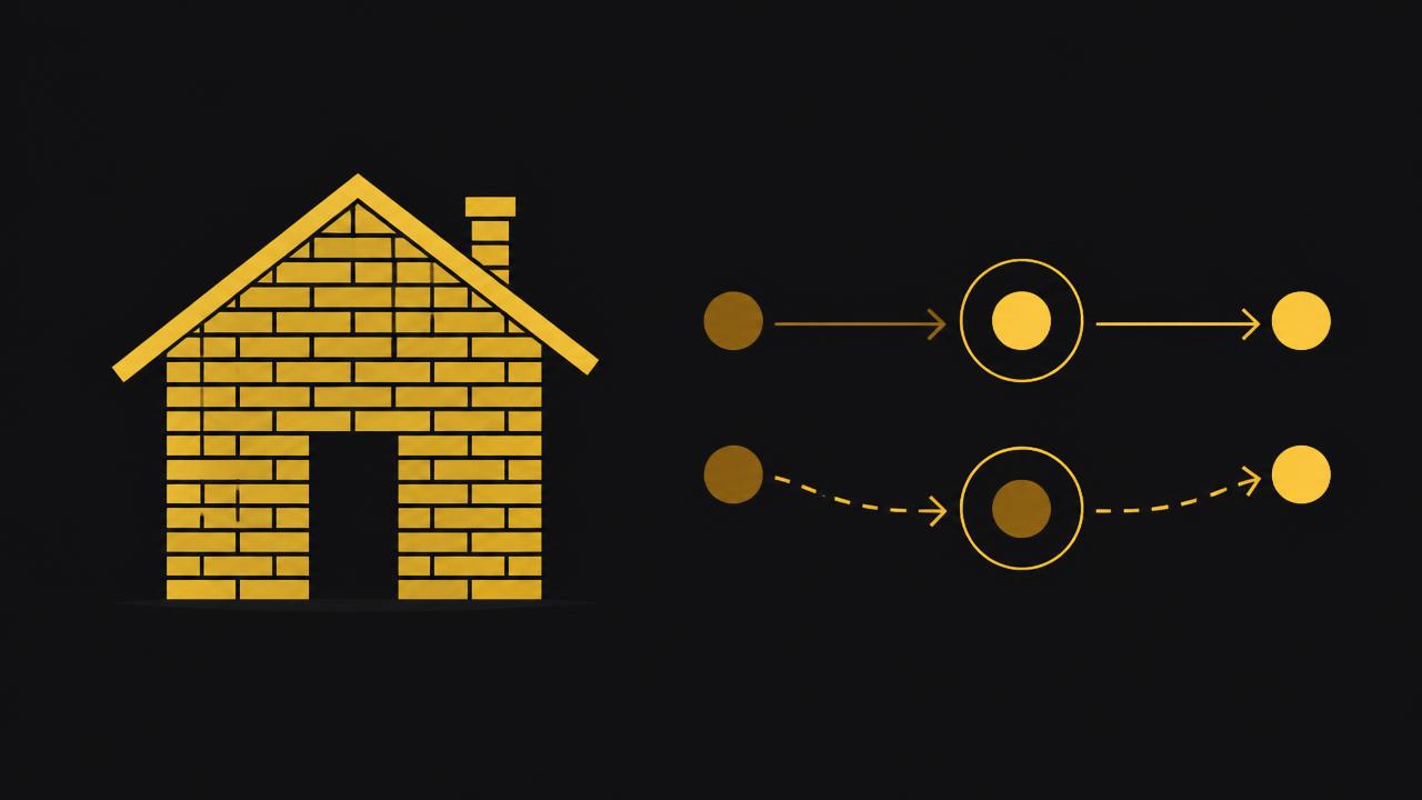 A yellow brick house beside a simple diagram of two different payment routes on a dark background