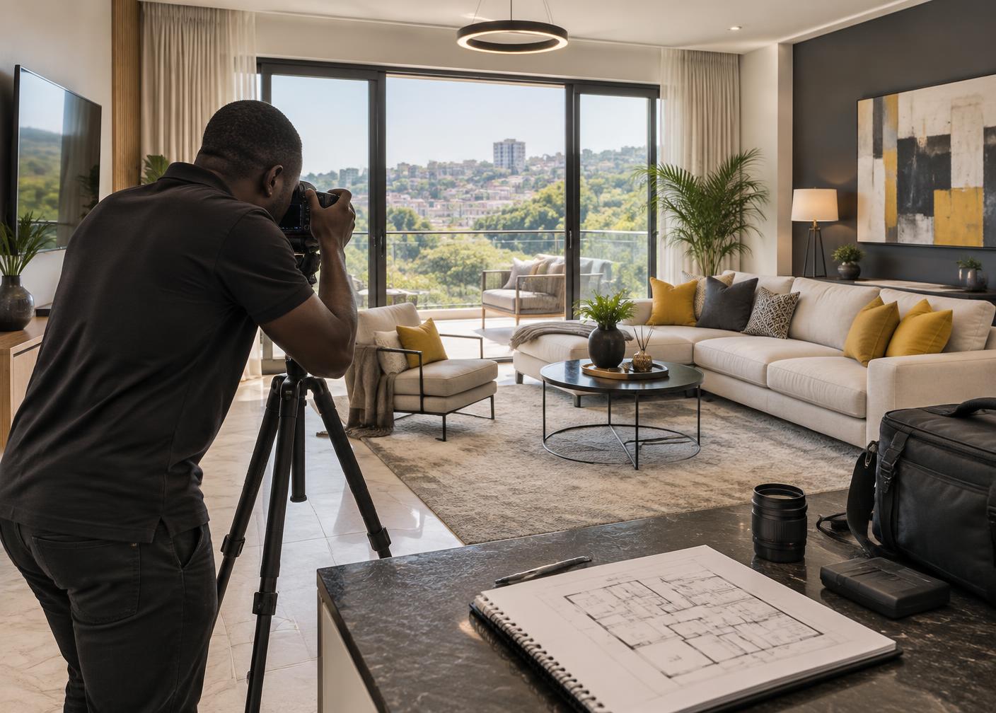 A professional property photographer preparing a home for sale