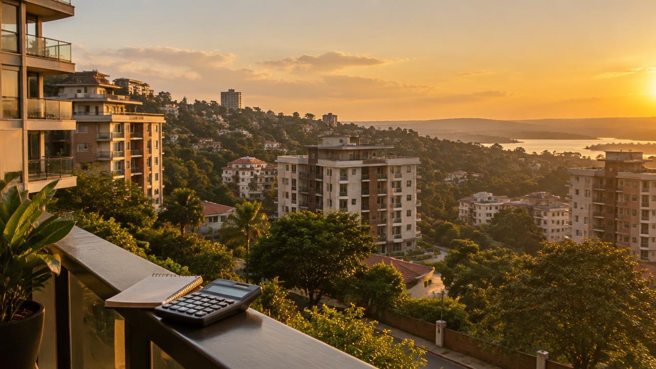 Apartment blocks on a green Kampala hillside at golden hour, seen from a balcony with a notebook and calculator on the rail