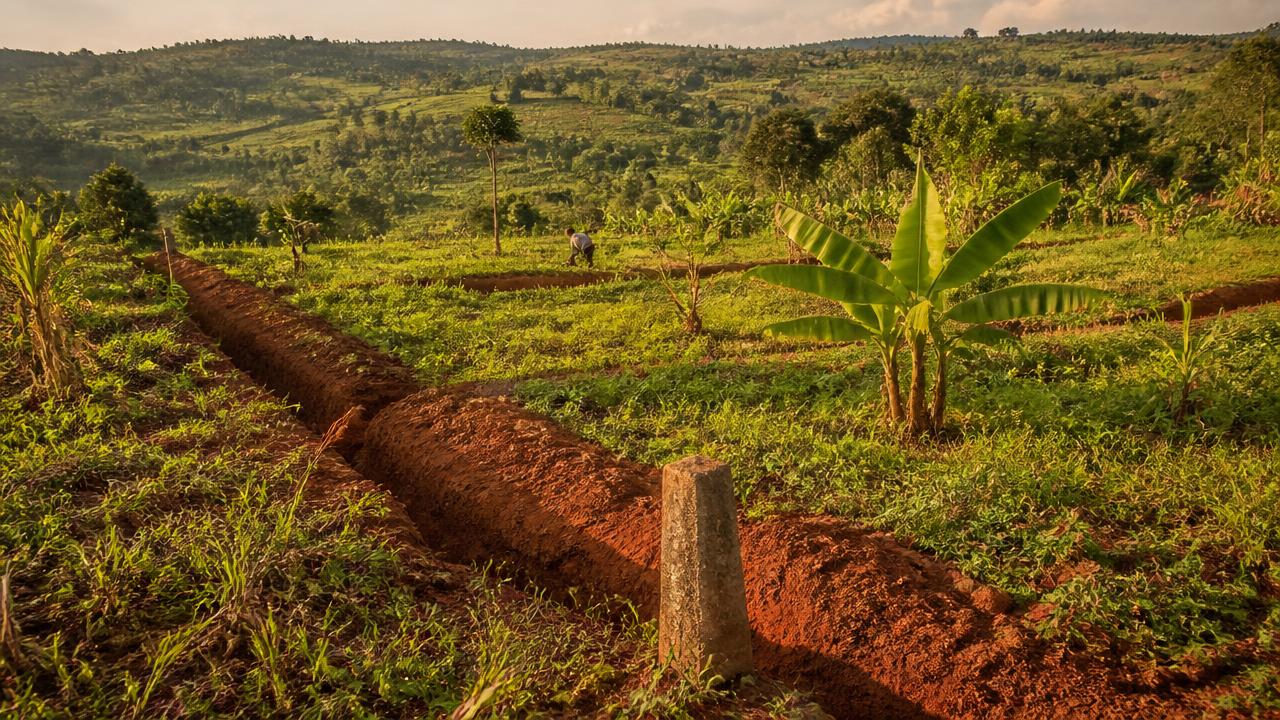 Hand-dug boundary trenches and a survey beacon between smallholder plots in the Ugandan countryside