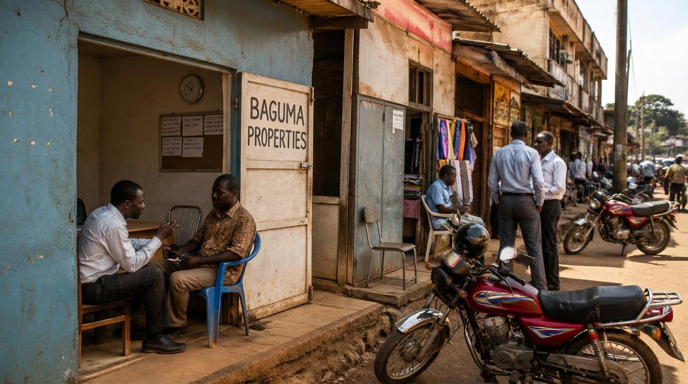 A row of small property brokerage shopfronts on a busy Kampala street, with brokers talking outside