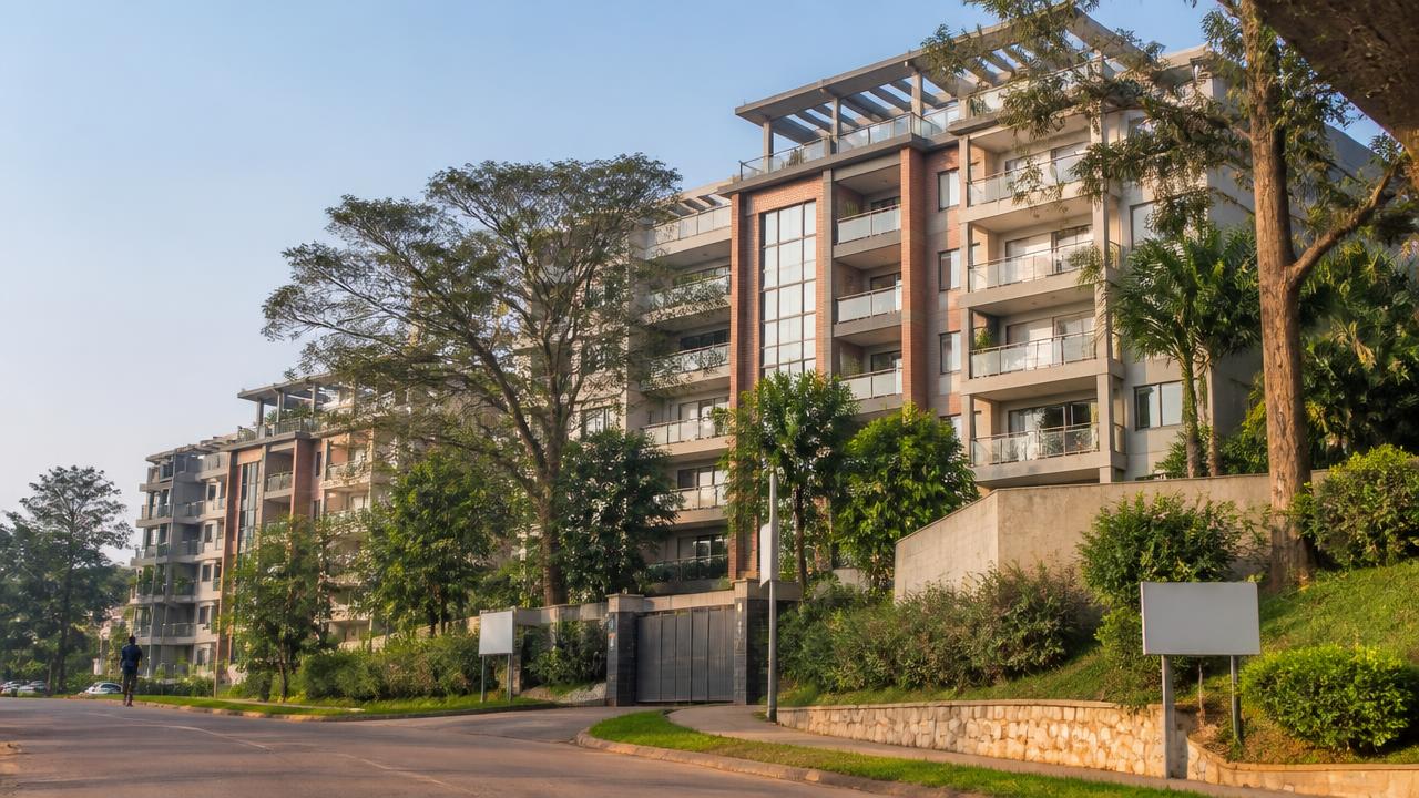 Modern apartment blocks with balconies on a leafy hillside street in Kampala at late afternoon