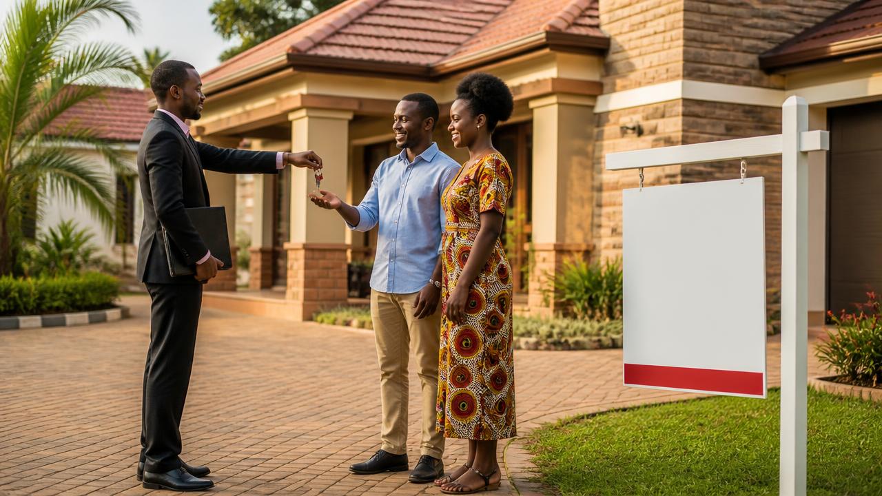 A seller handing keys to a couple outside a smart Ugandan family house with a blank sale board in the garden