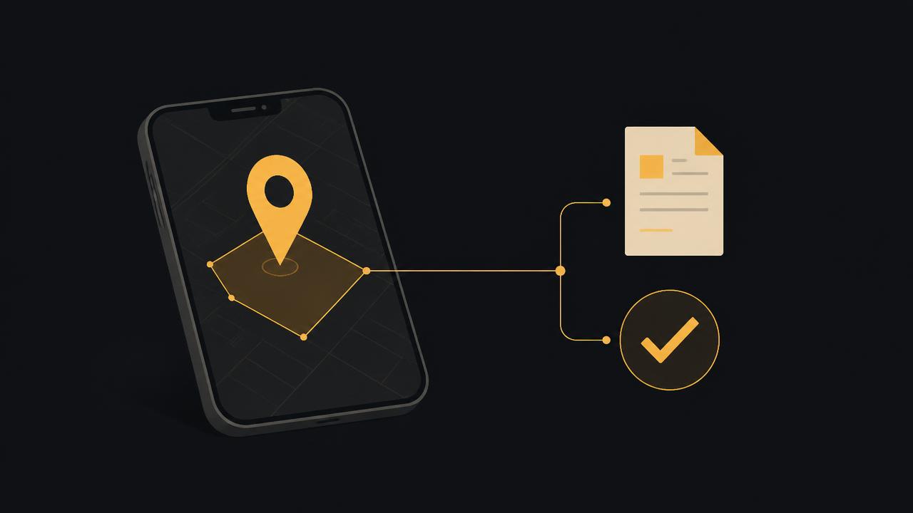 A phone showing a map pin over a drawn land boundary, linked to a document icon and a verified tick