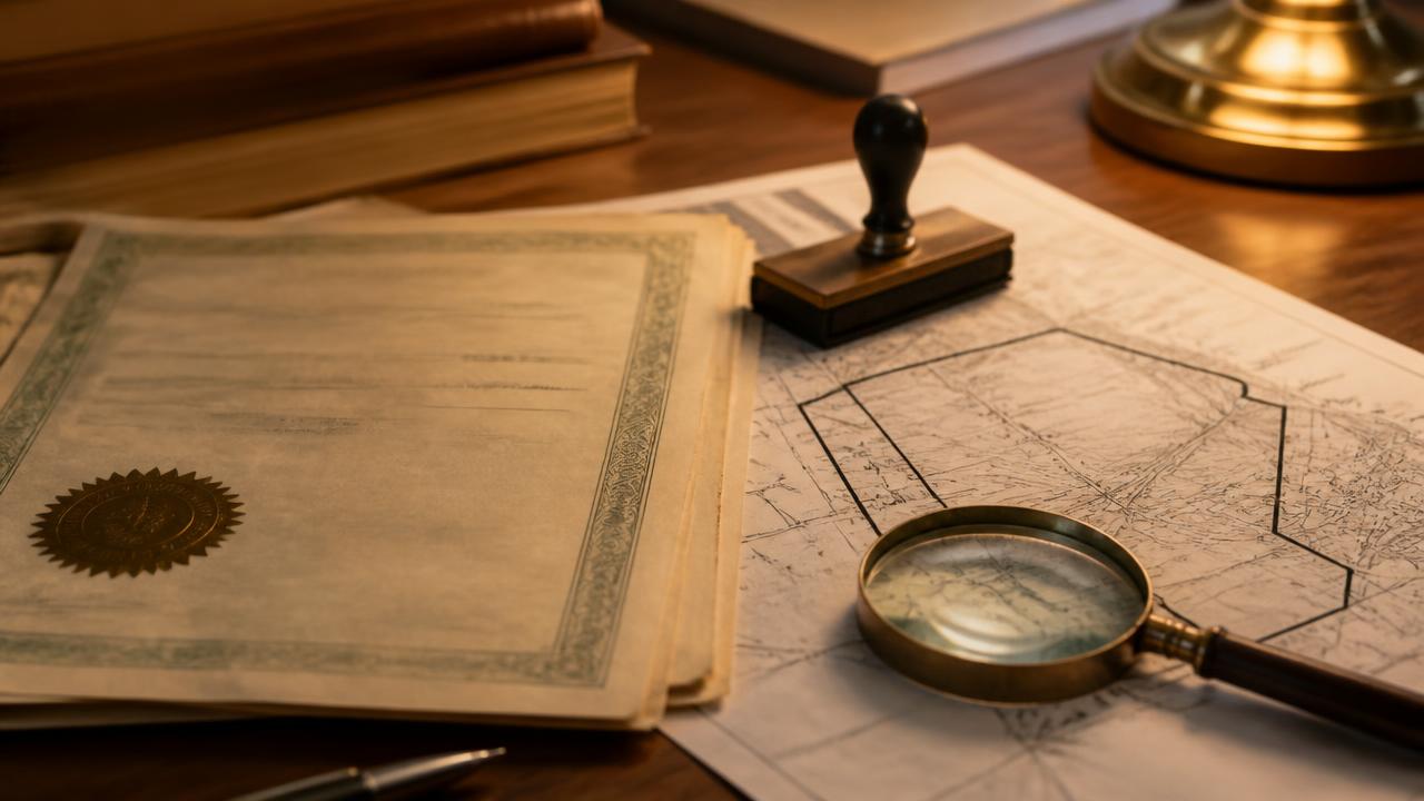 Land title documents, a survey map, a stamp and a magnifying glass on a wooden desk under warm lamp light